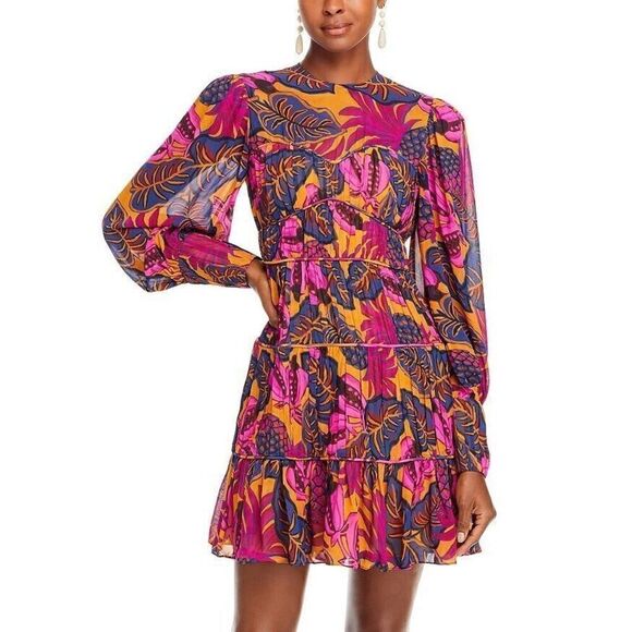 FARM RIO Anthropologie Fruit Dream Pleated Long Sleeve Mini Dress, Size XL - Picture 1 of 9